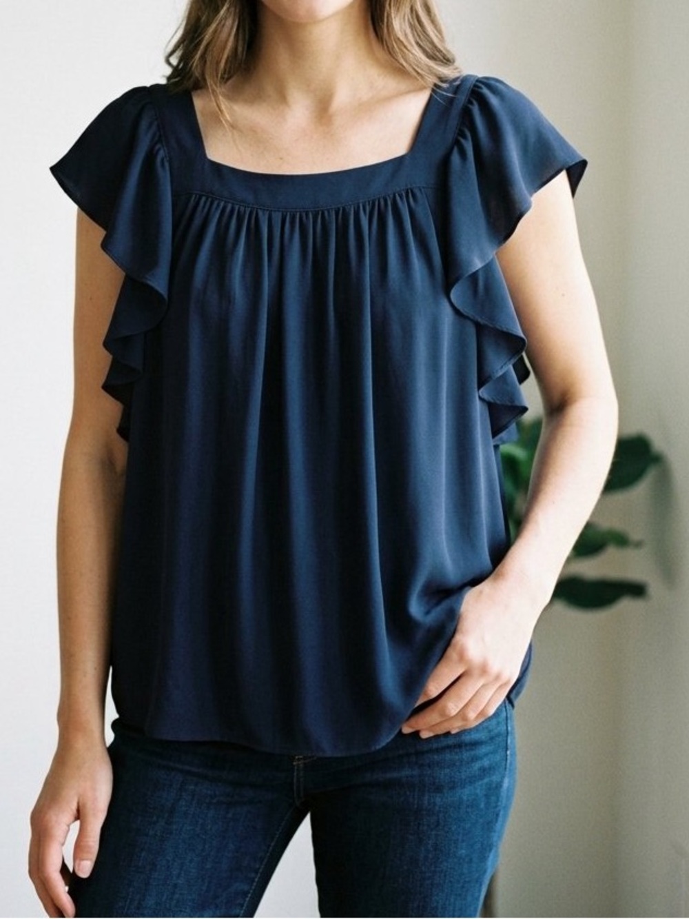 Ann Taylor Navy Blue Square Neck Ruffle Sleeve Blouse Top XS